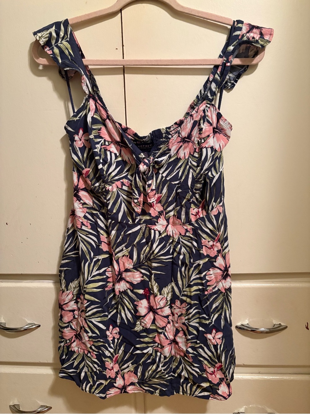 Aeropostale Navy Floral Tie-Front dress with Pink Flowers leaves tropical